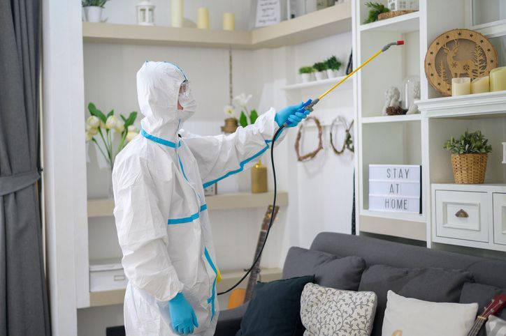 A medical staff in PPE suit is using disinfectant spray in living room, Covid-19 protection , disinfection concept