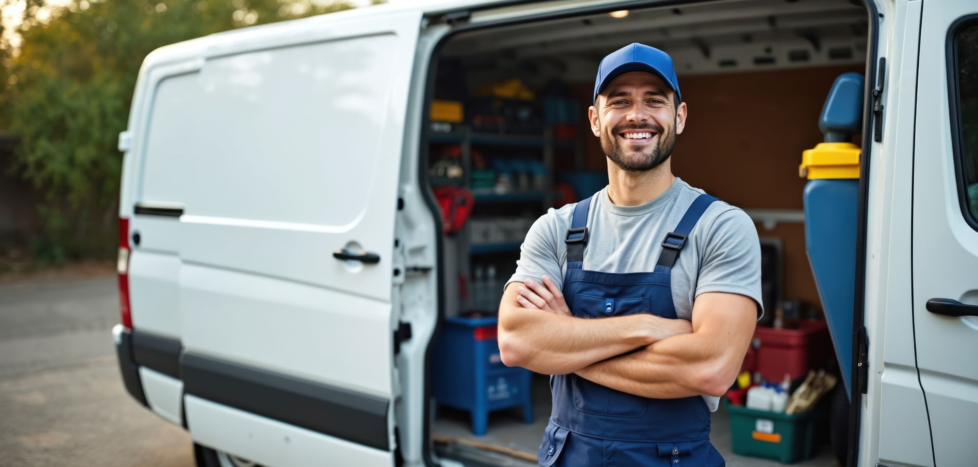 Tradesperson standing with arms crossed beside an open work van full of tools. Tradesperson standing with arms crossed beside an open work van full of tools.
