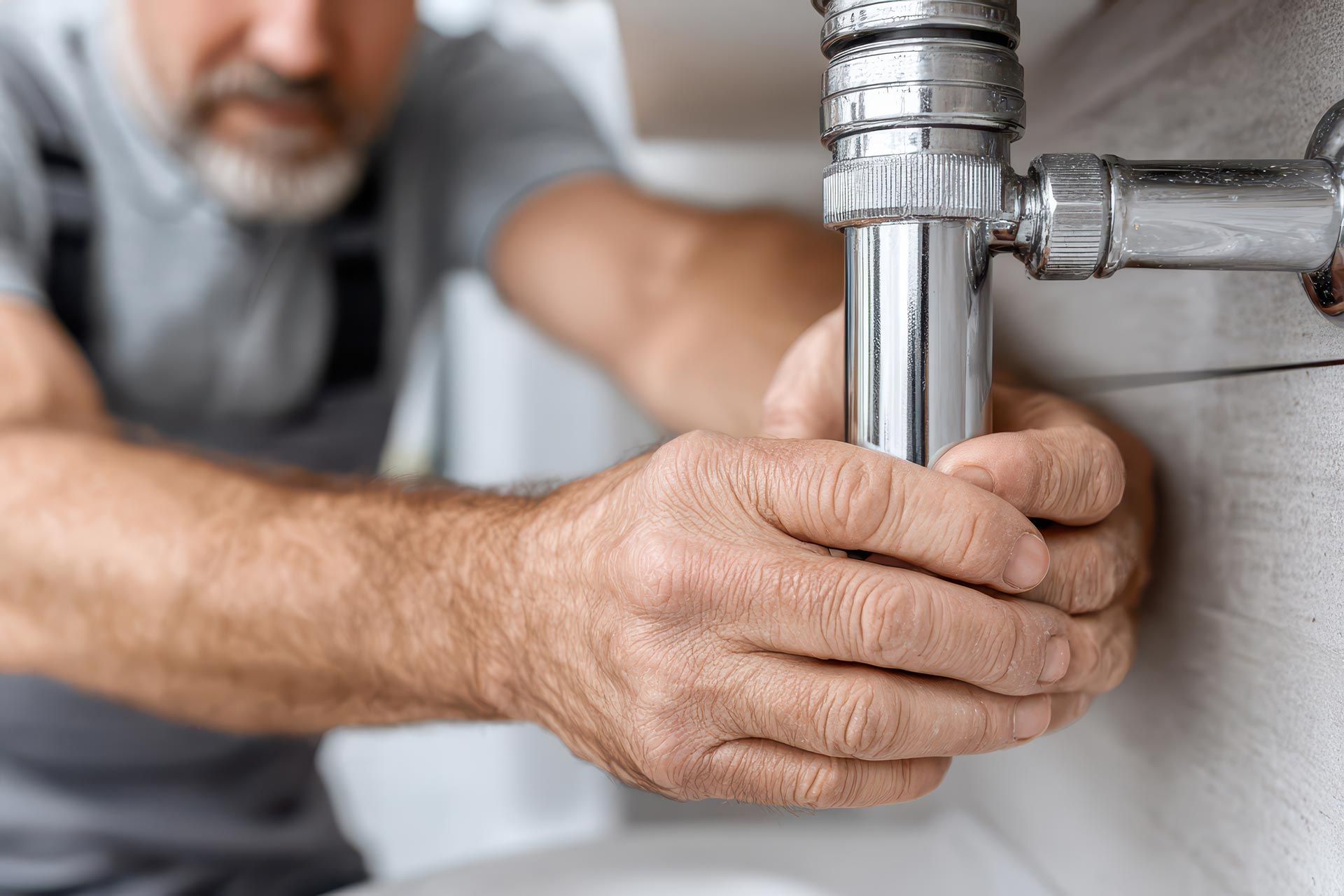 A plumber is fixing the leaking sink in the bathroom, tightening the metal pipe with his hands and using tools. A plumber is fixing the leaking sink in the bathroom, tightening the metal pipe with his hands and using tools.