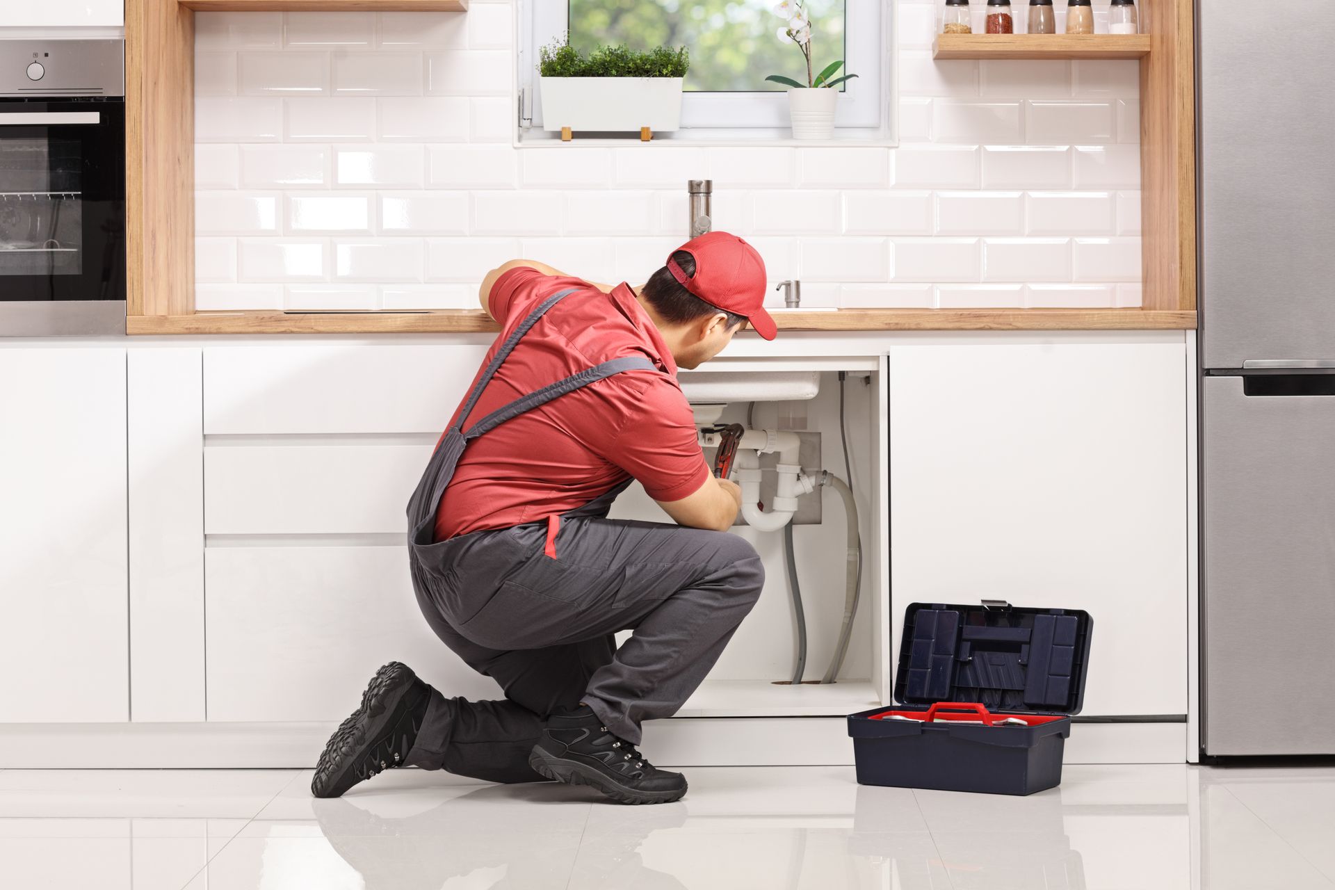 A plumber repairing pipes under the kitchen sink with a toolbox nearby. A plumber repairing pipes under the kitchen sink with a toolbox nearby.