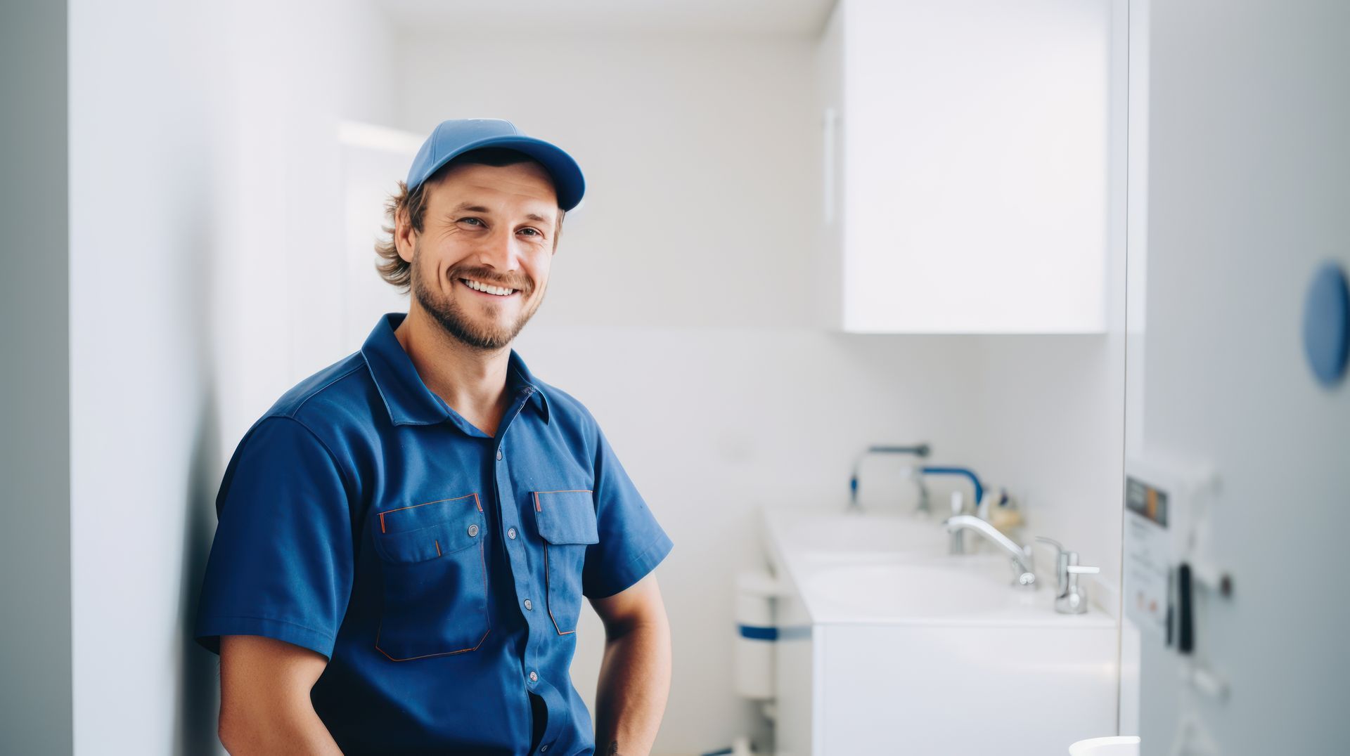 Service technician in uniform standing beside utility sink in a bright laundry room.