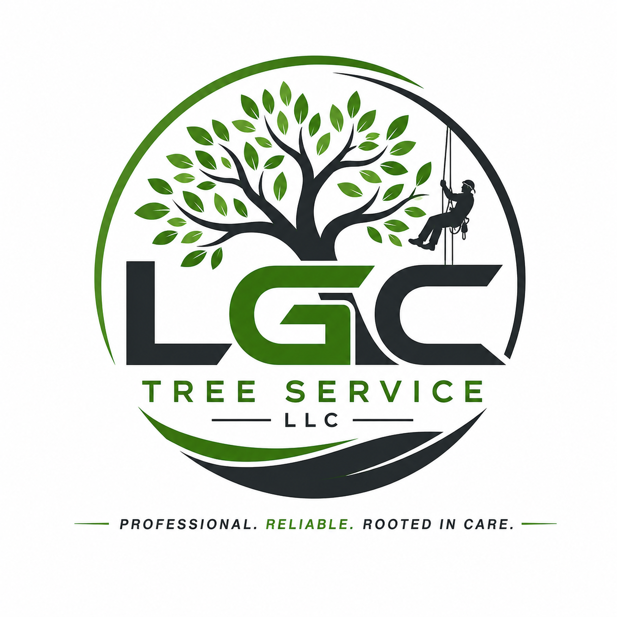 Logo for LGC Tree Service: gold and white vertical lines forming an "L" above "LGC TREE SERVICE" on a black background.