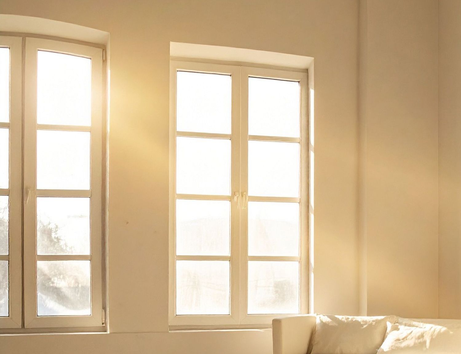 Minimalist room with two tall windows casting warm sunlight Minimalist room with two tall windows casting warm sunlight