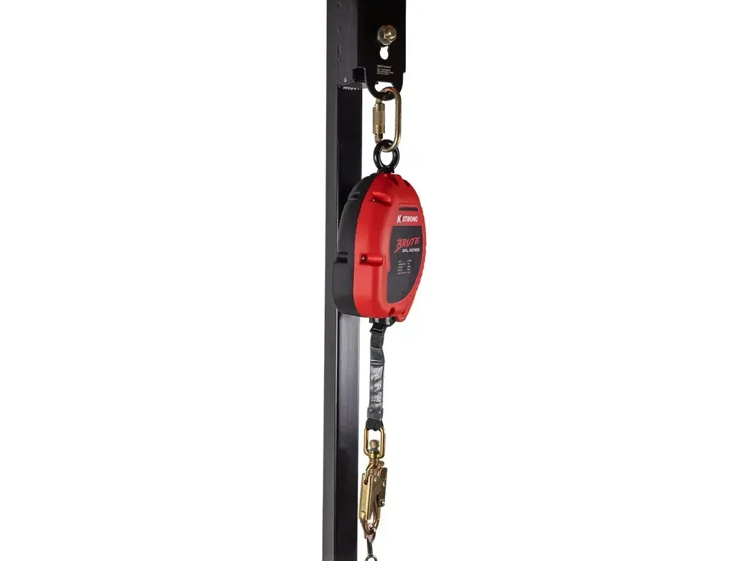A red life preserver is attached to a black pole.