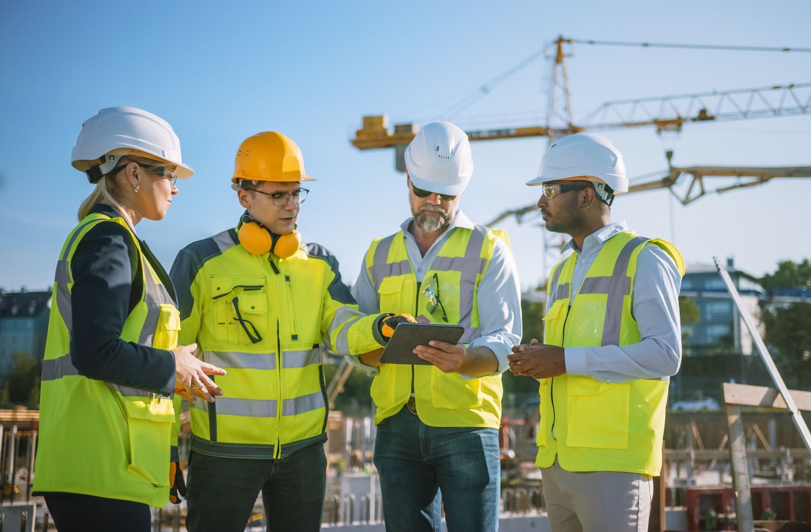 A group of construction workers are standing on a construction site looking at a tablet. A group of construction workers are standing on a construction site looking at a tablet.