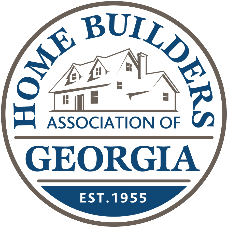 Home Builders Association of Georgia circular logo with house illustration, blue and gray text, EST. 1955