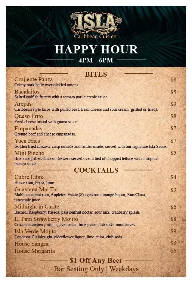 ISLA Happy Hour menu board with beers and cocktails, dark tropical design, 4PM–6PM