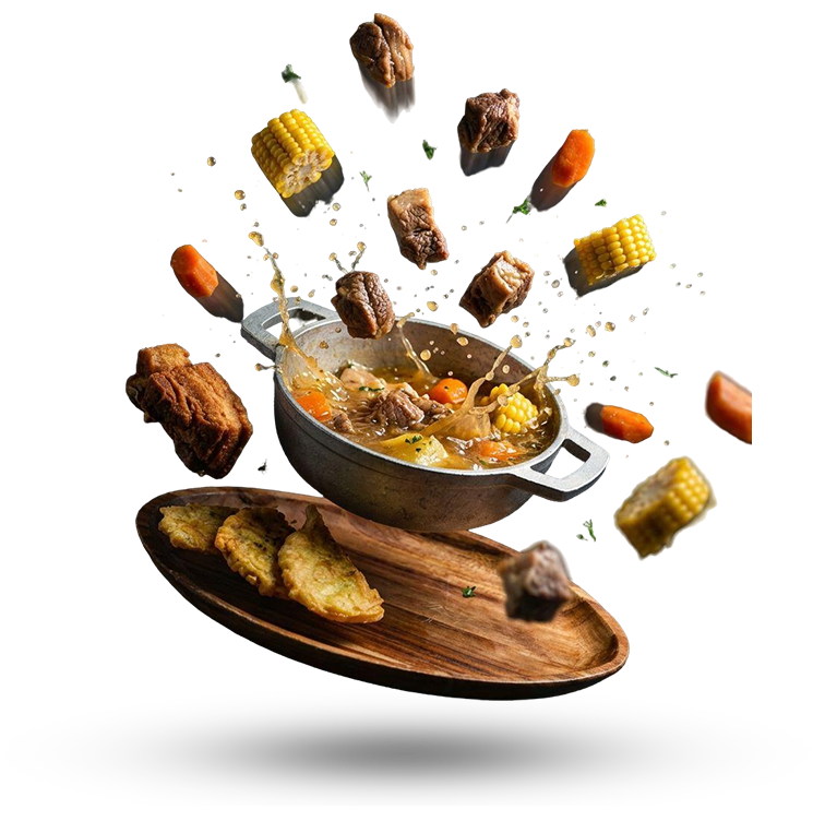 Wooden tray with a pot of stew and food ingredients flying upward on a white background