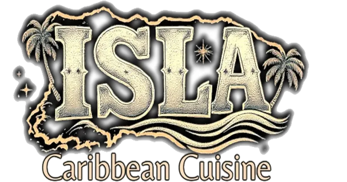 ISLA Caribbean Cuisine logo with bold tan letters and palm trees on a black background