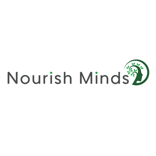 Nourish Minds logo with gray text and a green profile-head icon