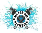 Logo for All For One Plumbing: crossed wrenches, water splash background, and text.