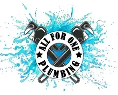 Logo for All For One Plumbing: crossed wrenches, water splash background, and text.