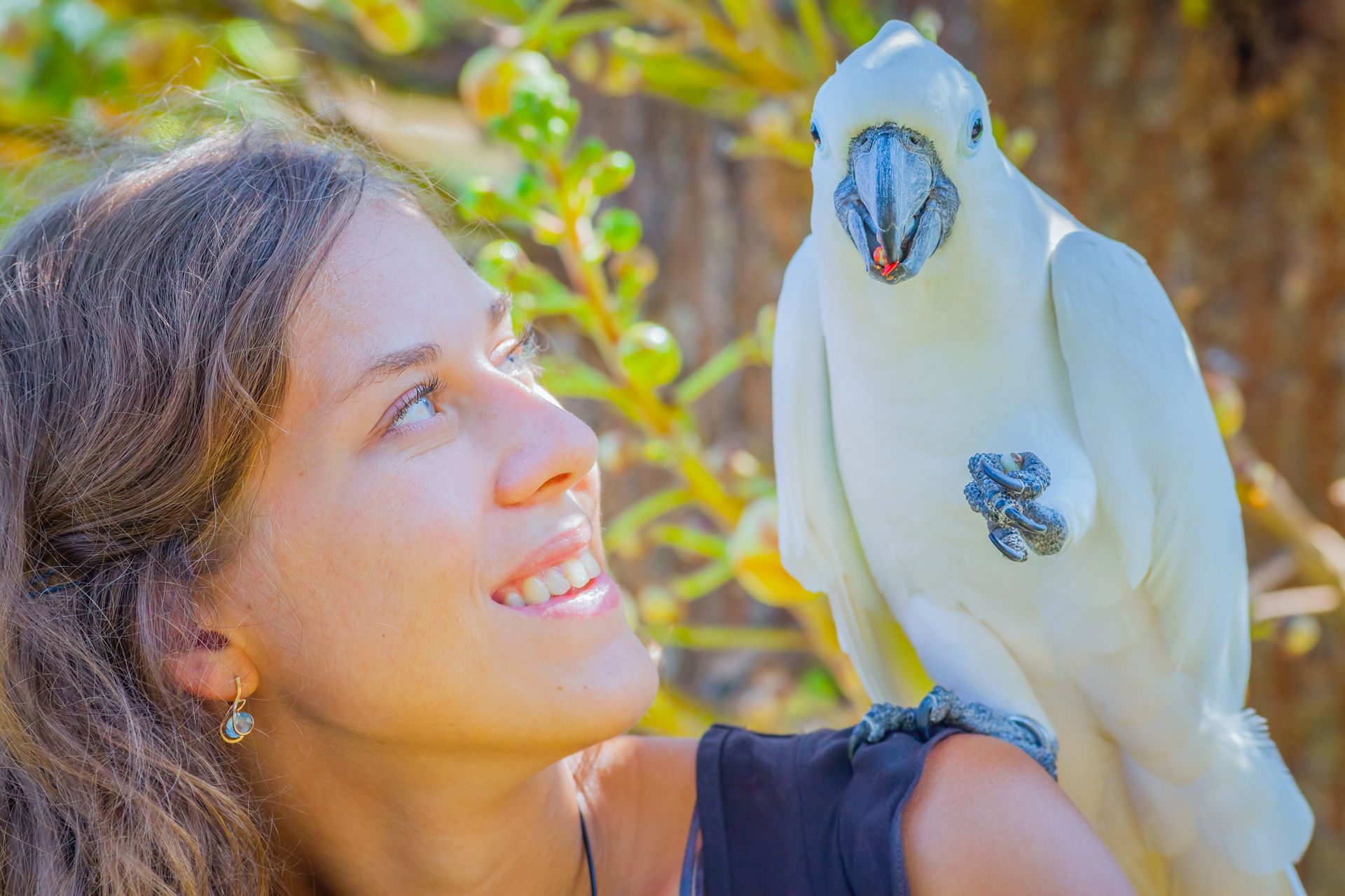 A woman is holding a white parrot on her shoulder.