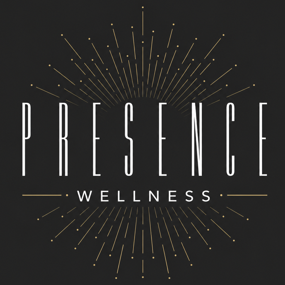 Presence Wellness logo with gold starburst lines on a dark background