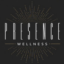 Presence Wellness logo with gold starburst lines on a dark background