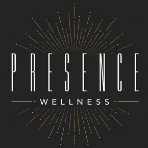Presence Wellness logo with gold starburst lines on a dark background