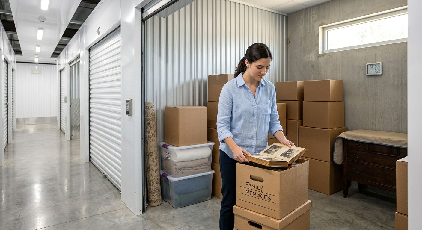 Industrial warehouse buildings with stacked boxes by a loading door on a paved lot
