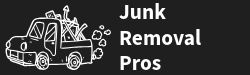 White outline of a truck filled with junk, next to the words