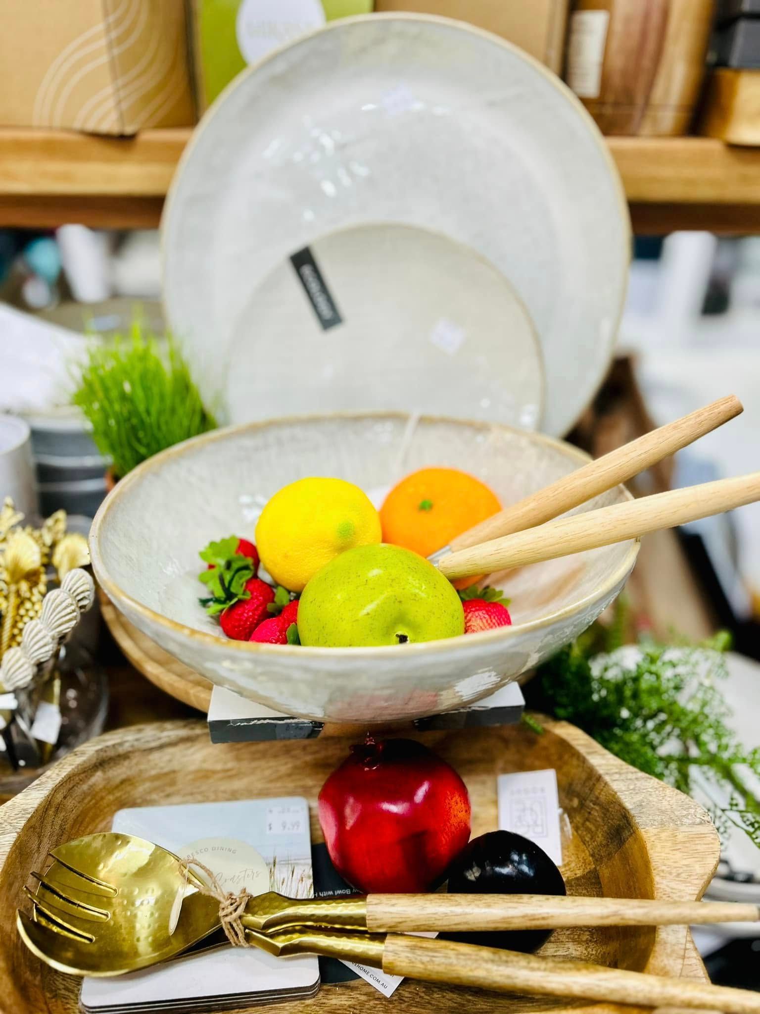 Two Stacked Light-colored Ceramic Bowls With Wooden Salad Servers — Kitchen Bar and More In Caloundra, QLD