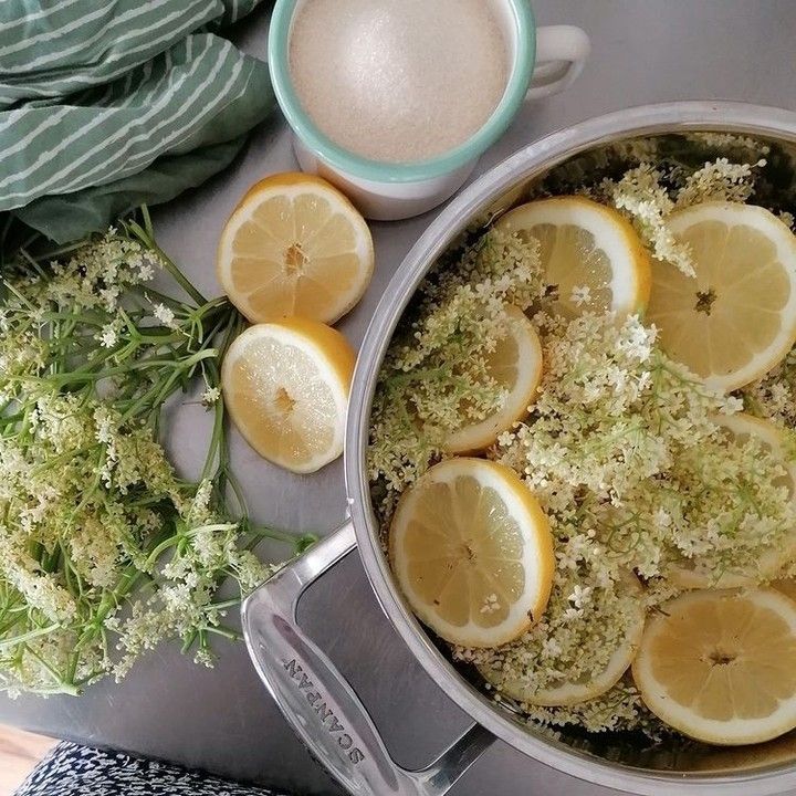 Lemons and elderflowers in a pot, with sliced lemons, blossoms, and a cup of milk on a gray surface
