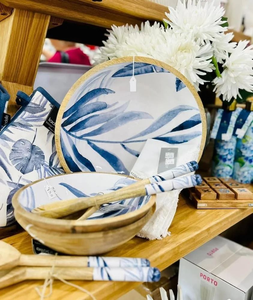 Wooden Bowls and Serving Utensils With a Blue Leaf Pattern — Kitchen Bar and More In Caloundra, QLD