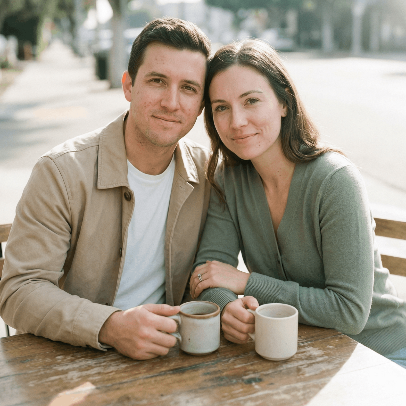 A couple sits at a table, looking sad, with coffee cups in front of them.