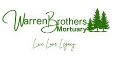 Warren Brothers Mortuary logo with green text and pine trees; tagline 
