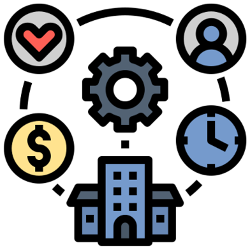 An icon of a building surrounded by gears , a heart , a dollar sign , and a clock.