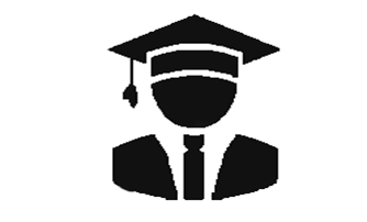 A black and white icon of a man wearing a graduation cap and tie.
