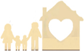 A family is standing next to a house with a heart in the middle.