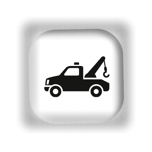Black and white icon of a tow truck with a hook.