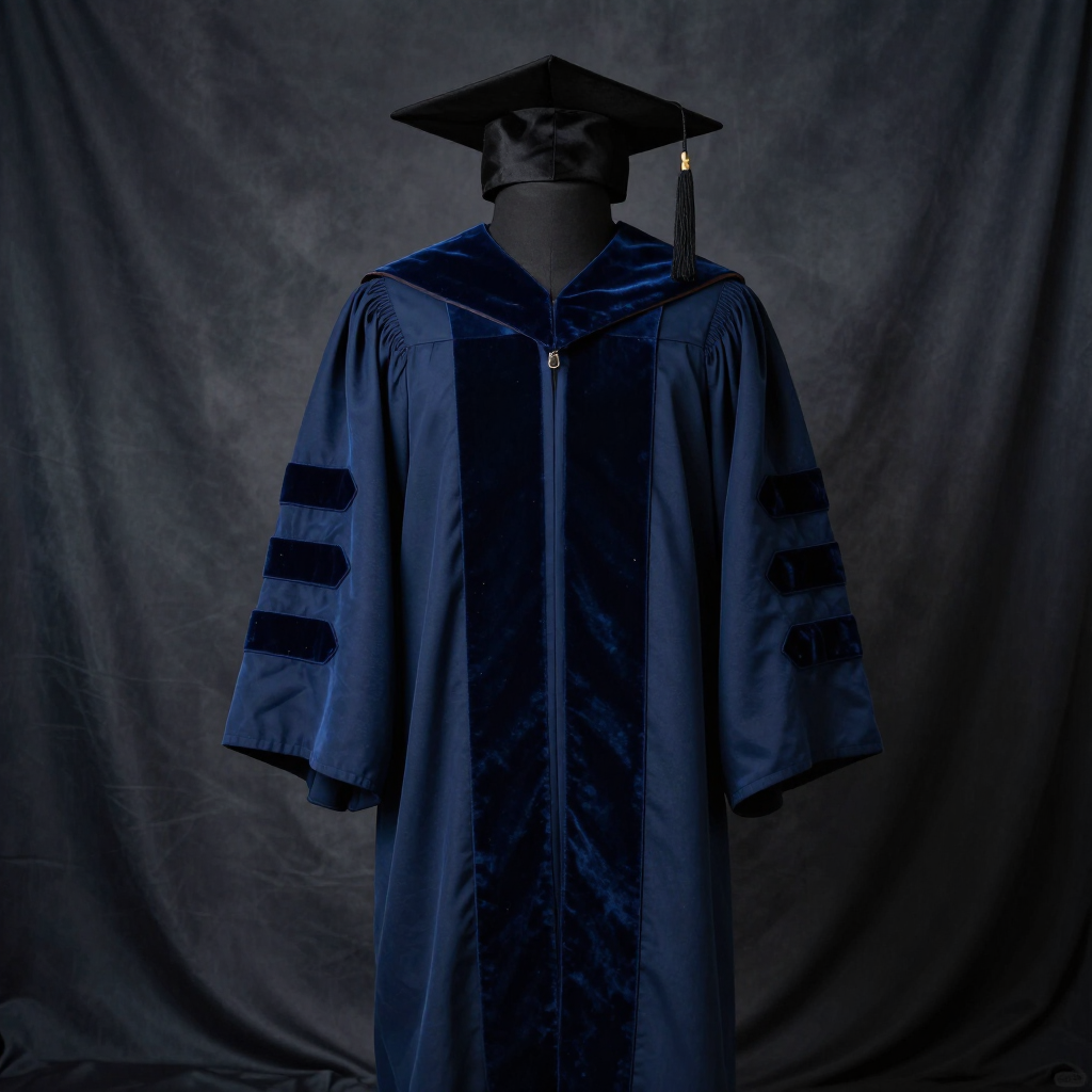 Toga y birrete azules de graduación académica sobre un maniquí con fondo oscuro.