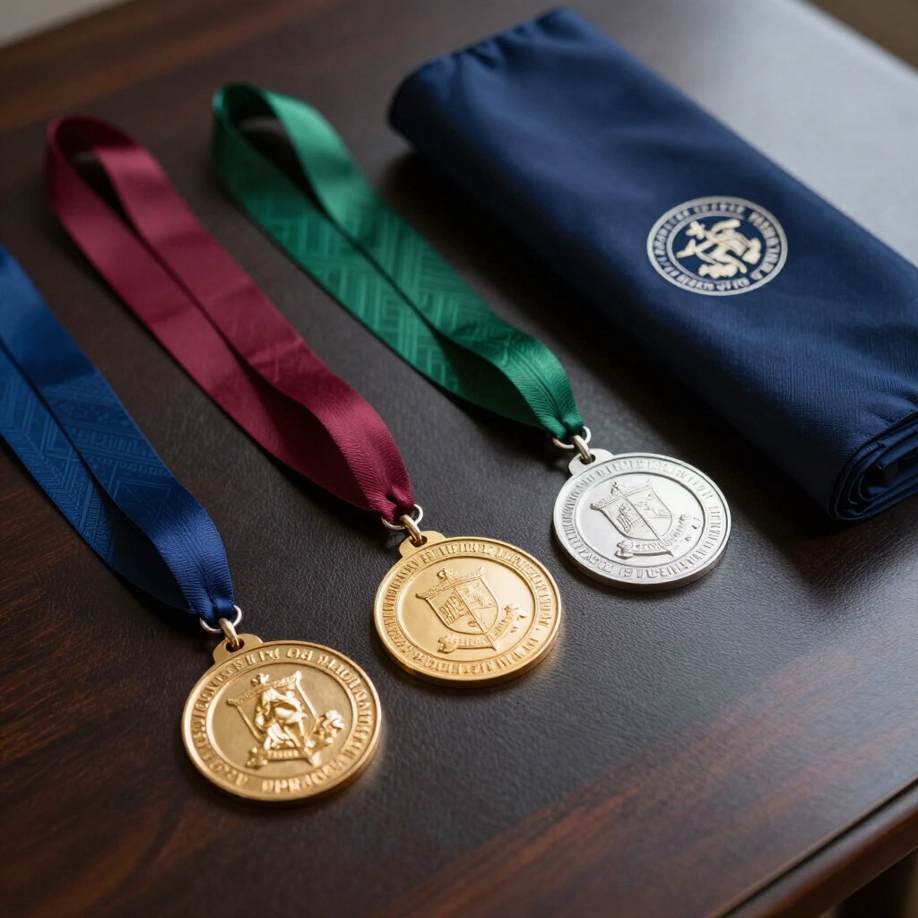Cuatro medallas con cintas azules, granates, verdes y azul marin