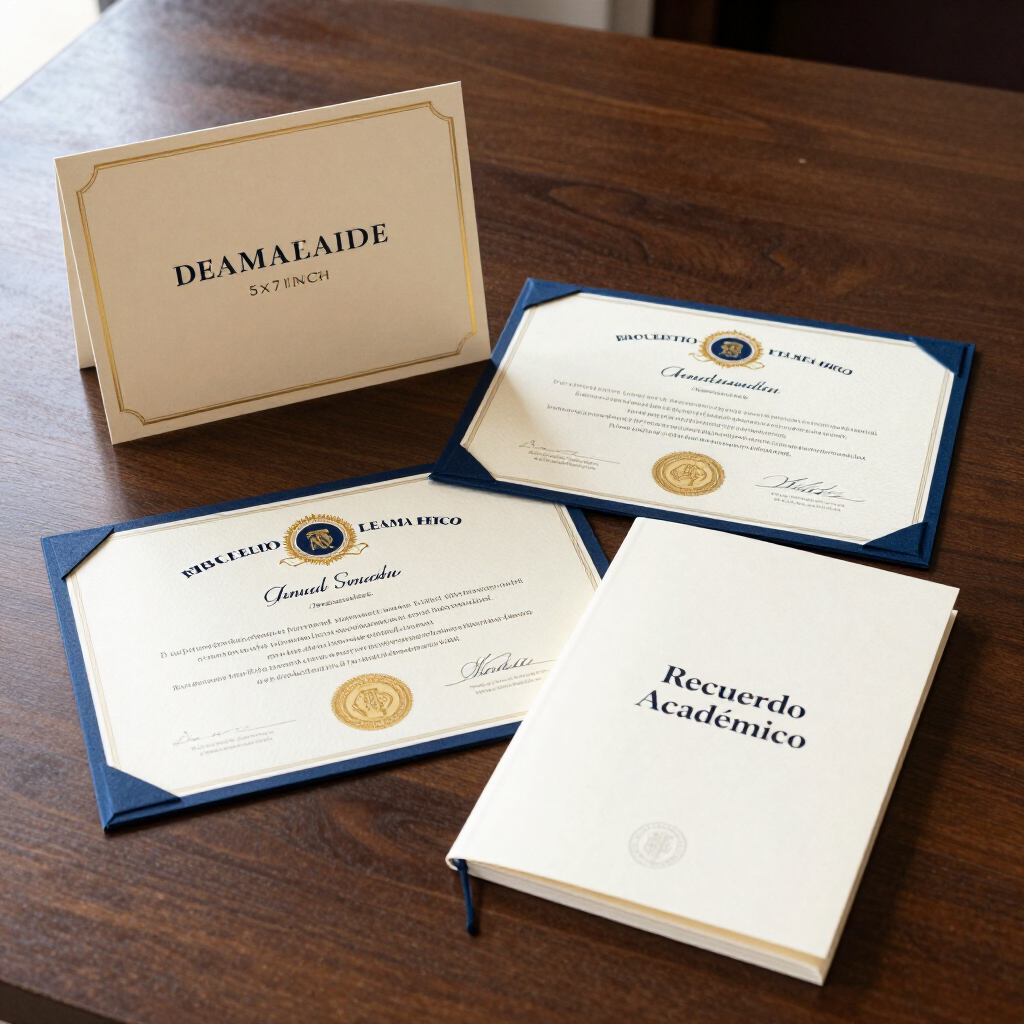 Dos carpetas para diplomas y un cuadernillo blanco de recuerdos académicos sobre una mesa de madera.