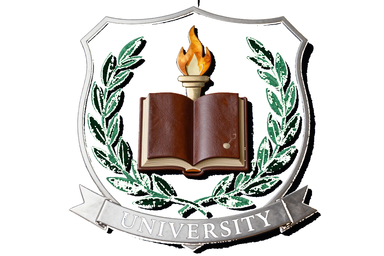 Escudo universitario con un libro abierto y una antorcha, rodeado de ramas de laurel.