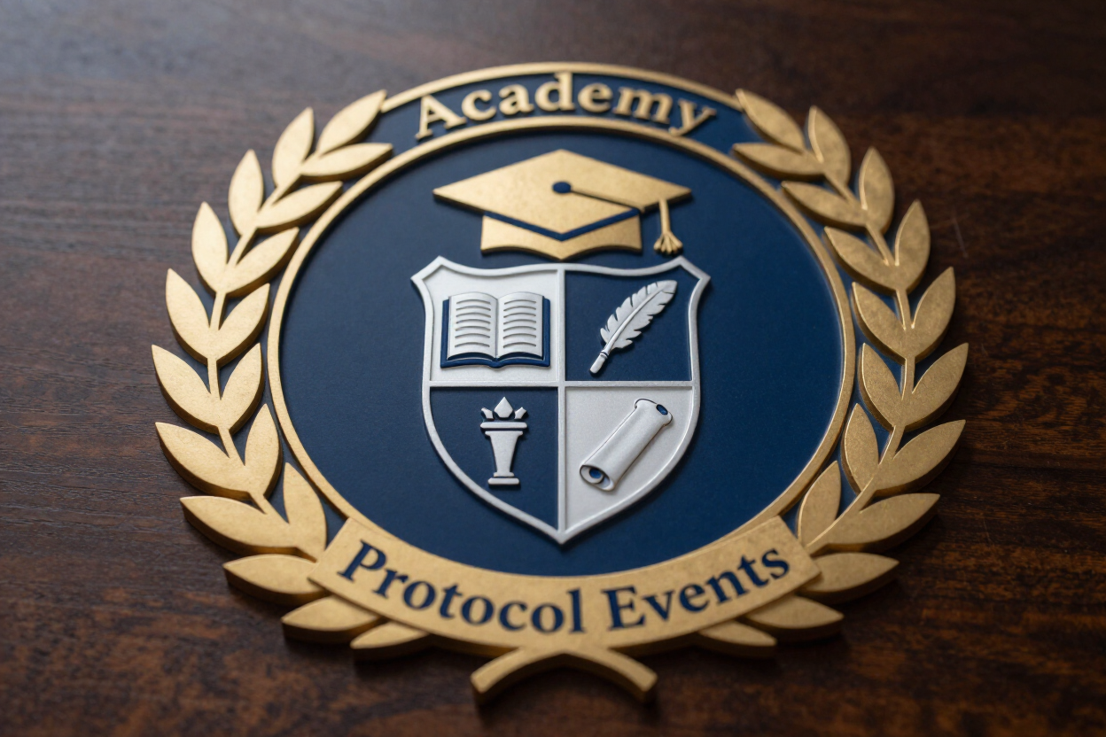 Escudo de eventos del Protocolo de la Academia en dorado y azul sobre un fondo de madera.