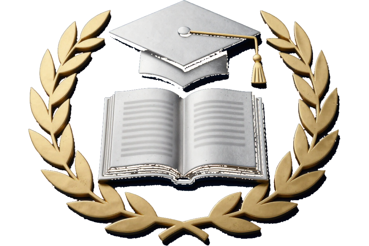 Libro abierto con birrete de graduación y emblema de corona de laurel dorada