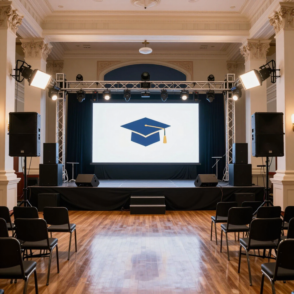 Aula vacía con escenario, filas de sillas y una pantalla que muestra un icono de birrete de graduación.