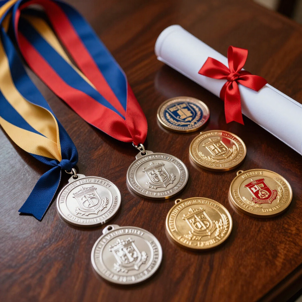 Medallas y cintas de premios dispuestas sobre una mesa de madera, incluyendo cintas de plata, oro y azul rojizas.