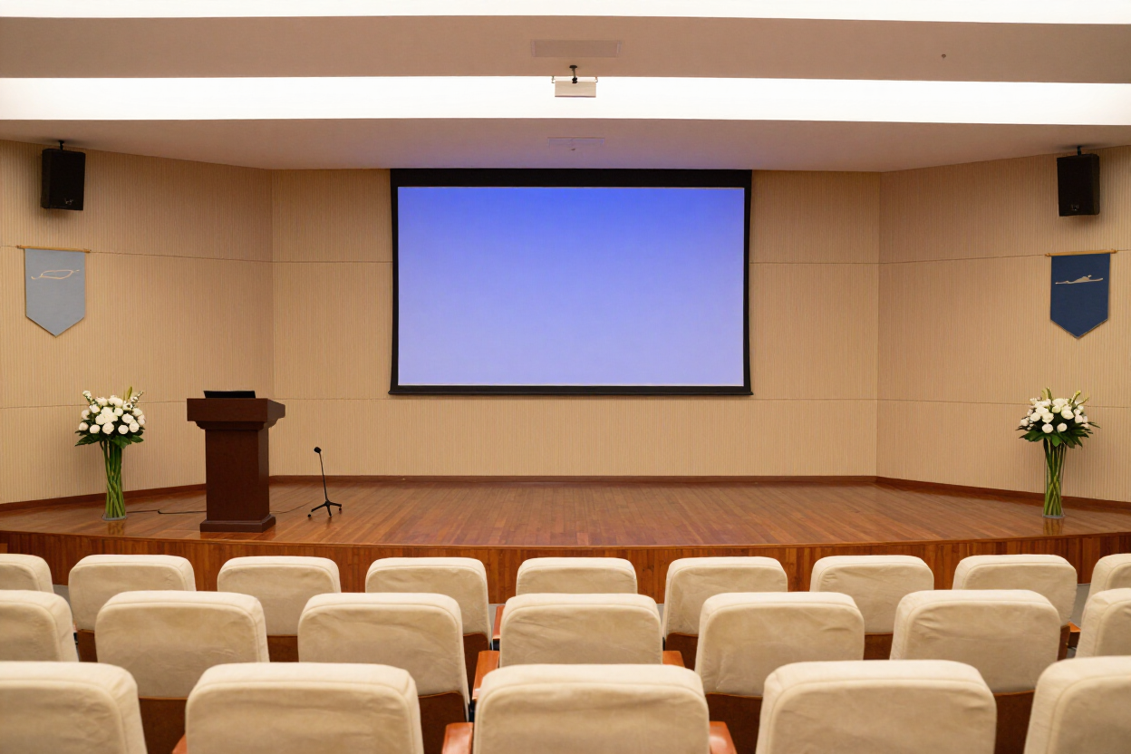 Auditorio vacío con filas de asientos blancos, un escenario, un podio, una pantalla azul y arreglos florales a ambos lados.