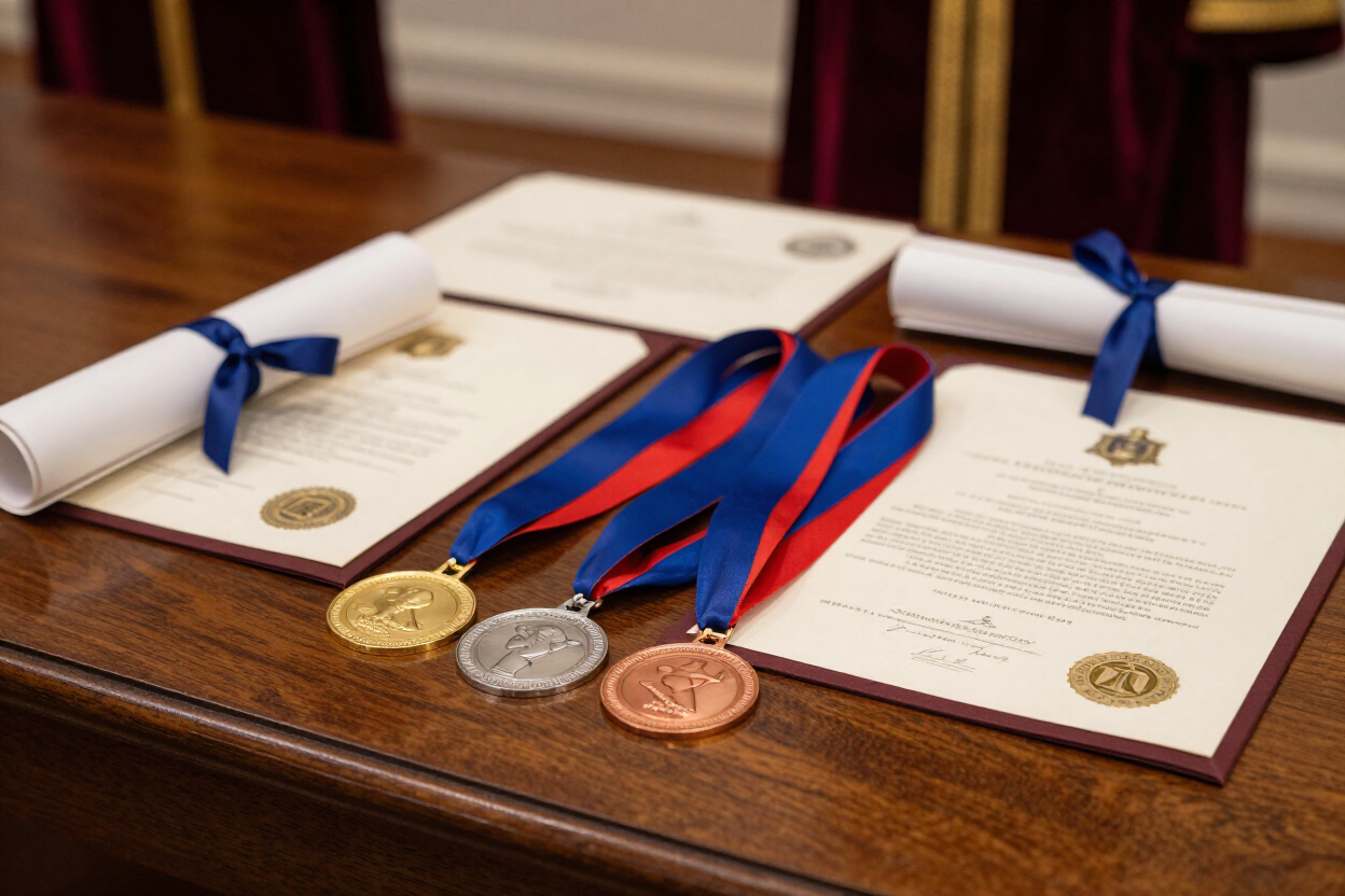 Diplomas con cintas azules y medallas sobre una mesa de madera.