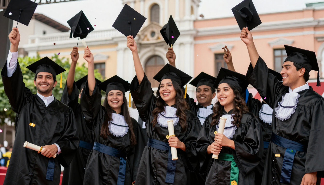 Los graduados, vestidos con togas negras, celebran al aire libre, sonriendo y lanzando sus birretes frente a un edificio.