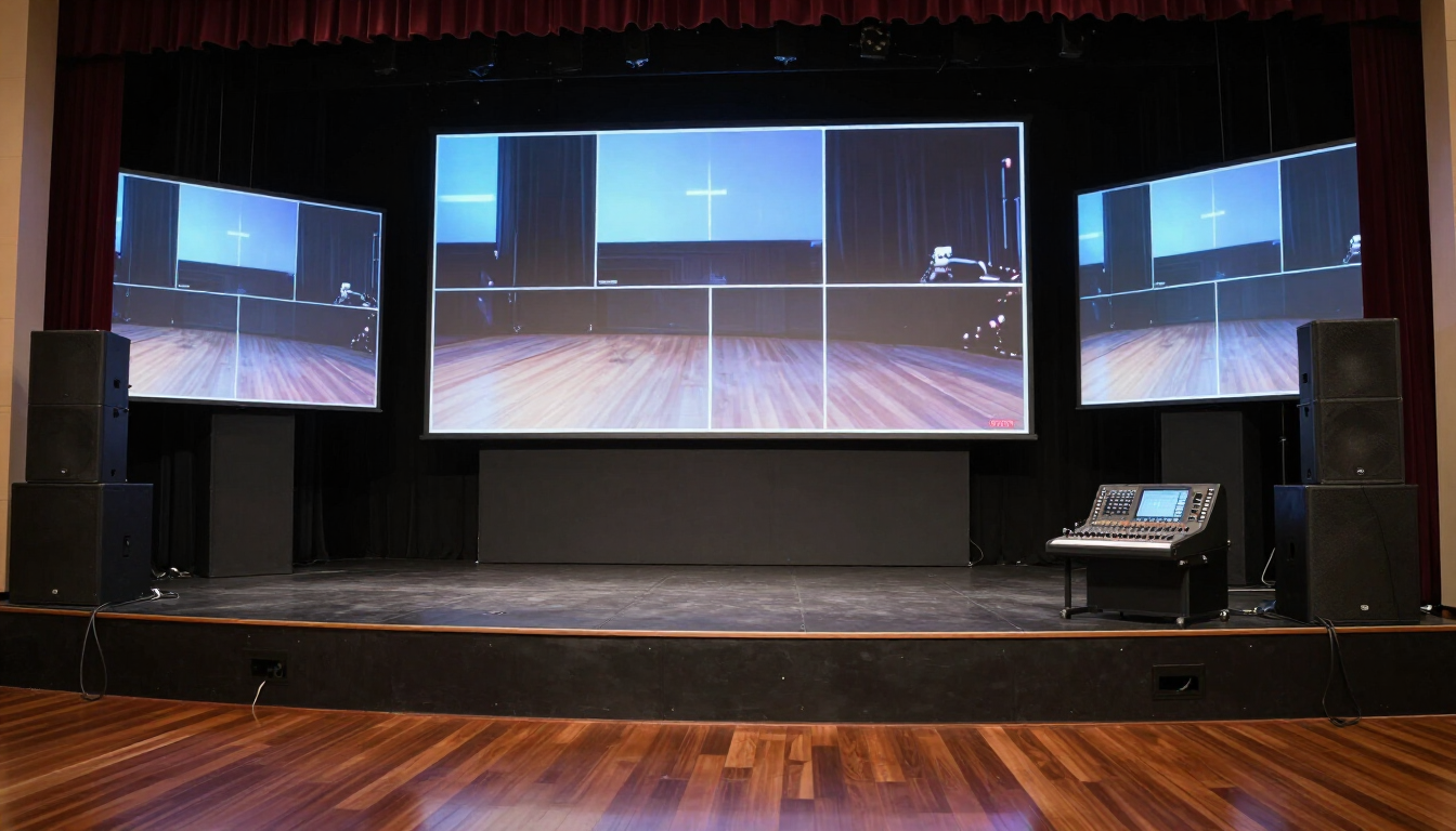 Escenario con múltiples pantallas grandes que muestran el interior oscuro del auditorio y un suelo de madera.