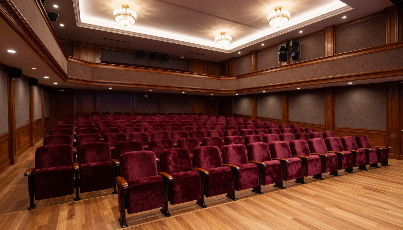 Teatro vacío con filas de butacas de terciopelo rojo y cálidos paneles de madera bajo luces de techo.