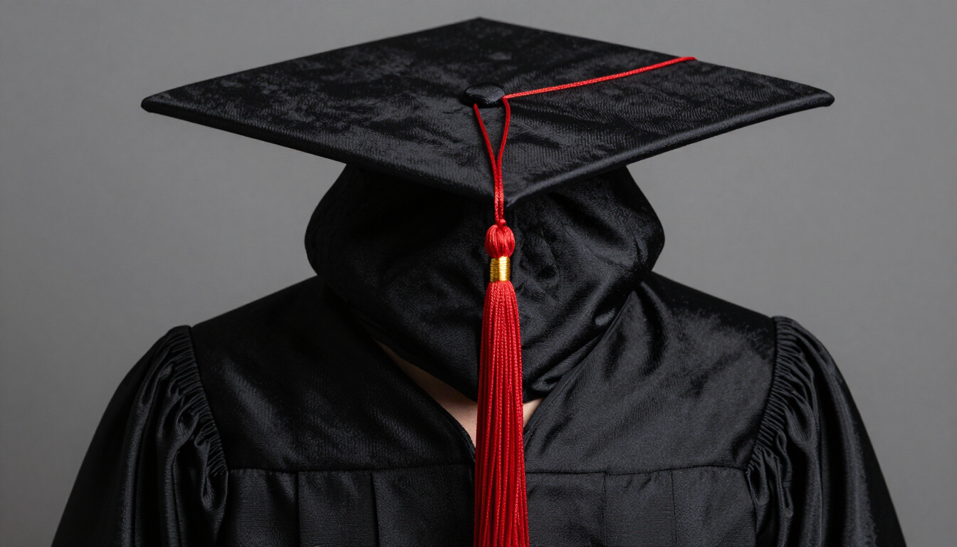 Graduado con toga y birrete negros con borla roja, mostrado de espaldas contra un fondo oscuro.