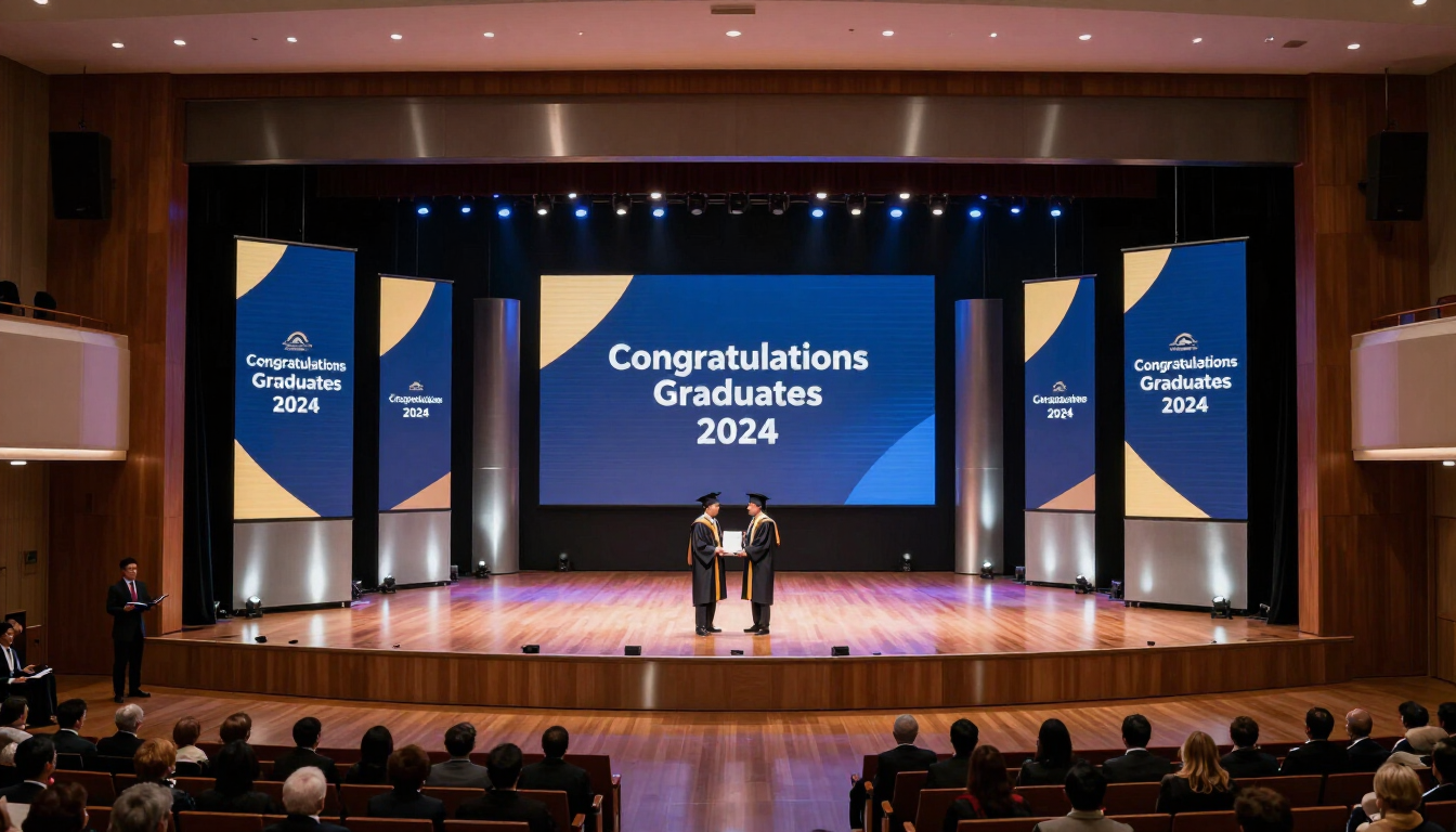 Escenario de la ceremonia de graduación con el mensaje