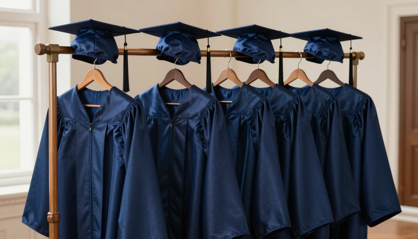 Gorros de graduación y togas azul marino colgados en un perchero en una habitación.