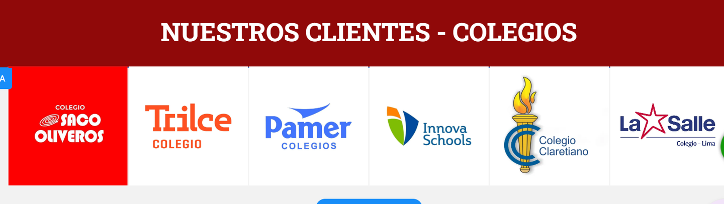 Pancarta con “NUESTROS CLIENTES - COLEGIOS” y varios logotipos de colegios sobre fondo blanco.