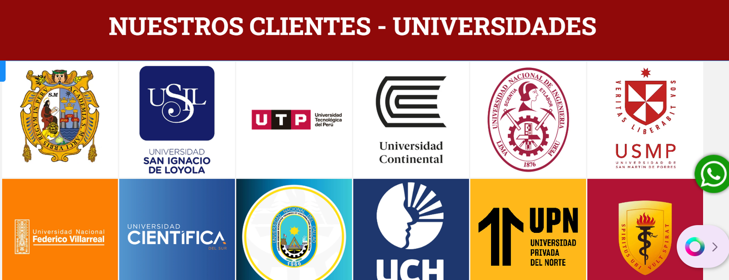 Collage of university client logos on a red banner, labeled “NUESTROS CLIENTES - UNIVERSIDADES”