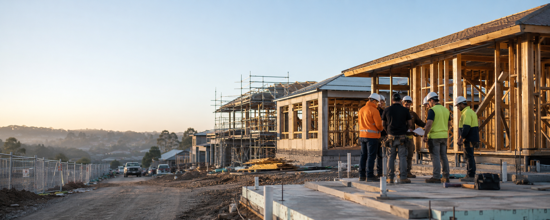 Construction workers coordinating workforce requirements at an Australian residential building site.